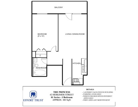 A floor plan of an apartment with a bedroom, living room, kitchen, and bathroom.